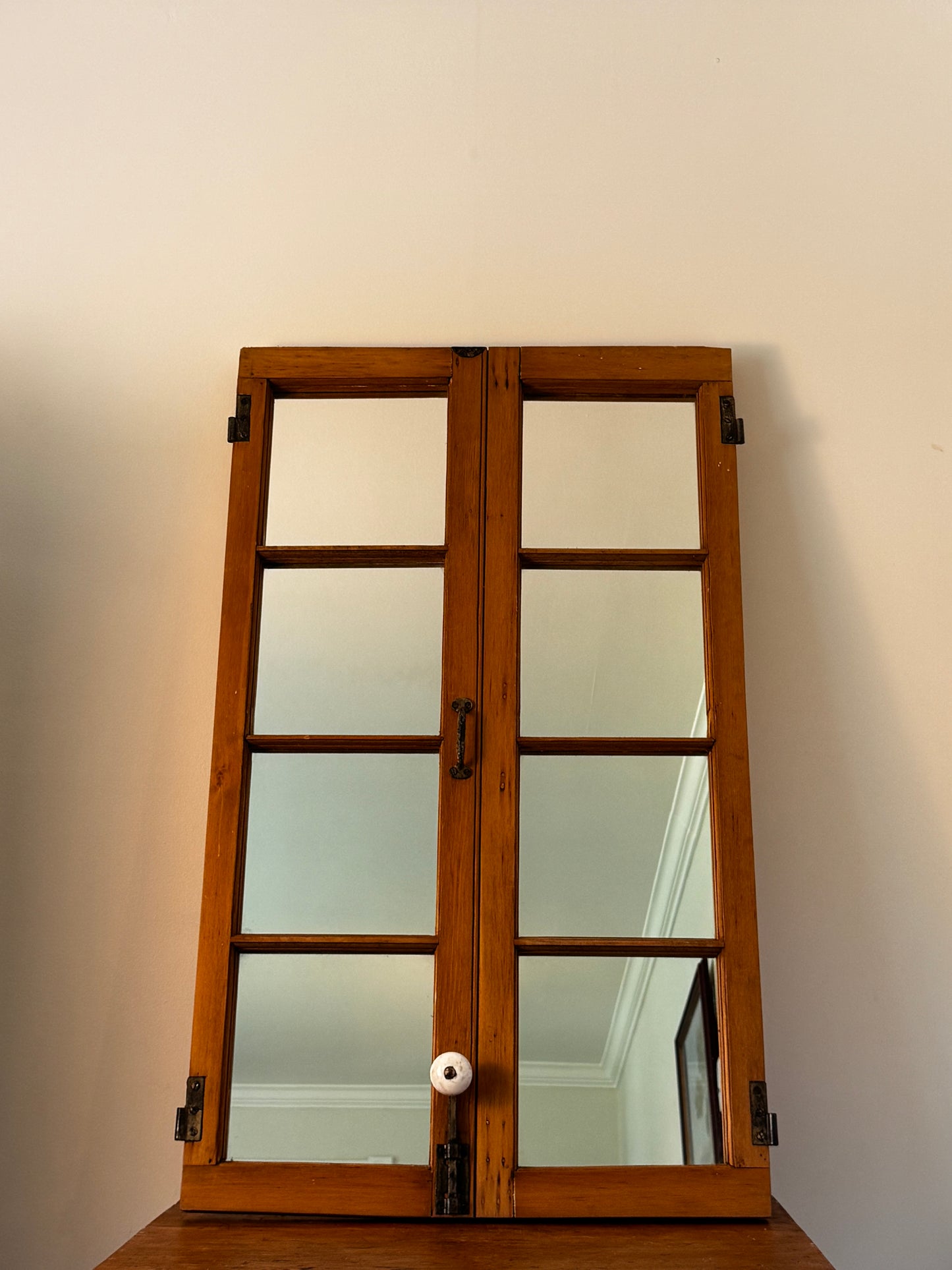 Antique Wooden Windowpane Mirror - With Hardware