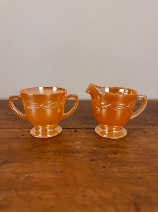 Vintage FireKing Orange Luster Cream and Sugar Set
