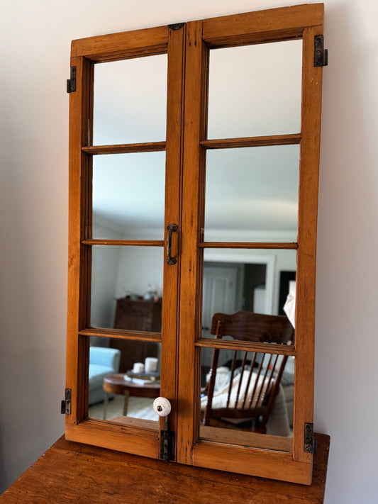 Antique Wooden Windowpane Mirror - With Hardware